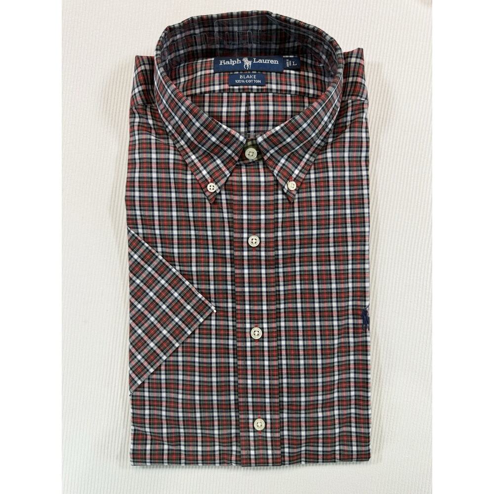NWT Ralph Lauren Blake L Red Navy Plaid Button Down Dress Shirt 100% Cotton